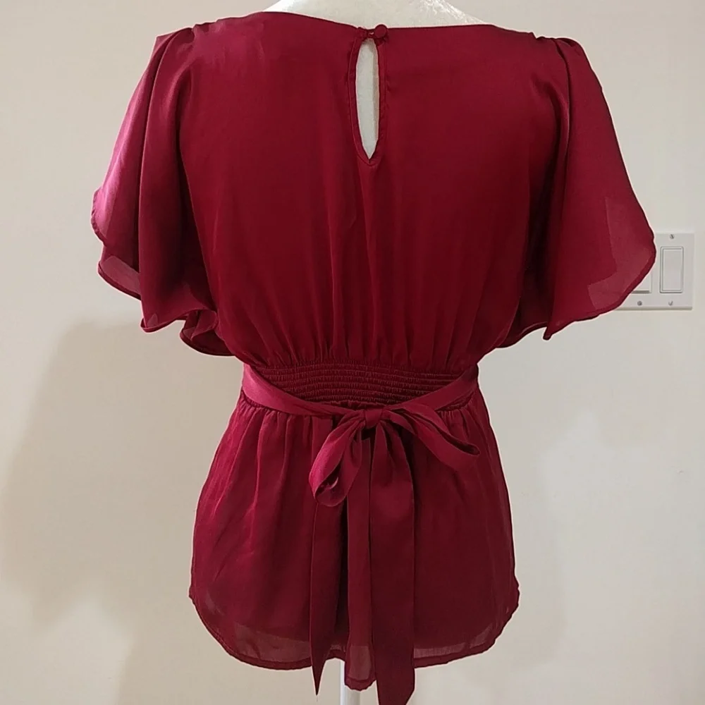 RARE - Red Shiny Flutter Sleeve Tie + Elastic Waist Top - Picture 3 of 6